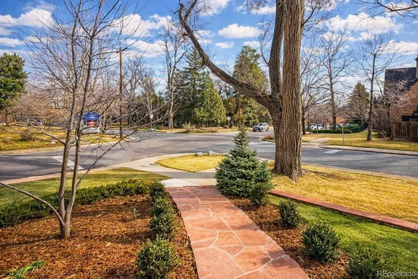 a view of a yard with swimming pool