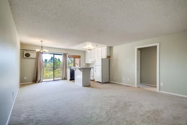 a view of a big room with windows and kitchen view