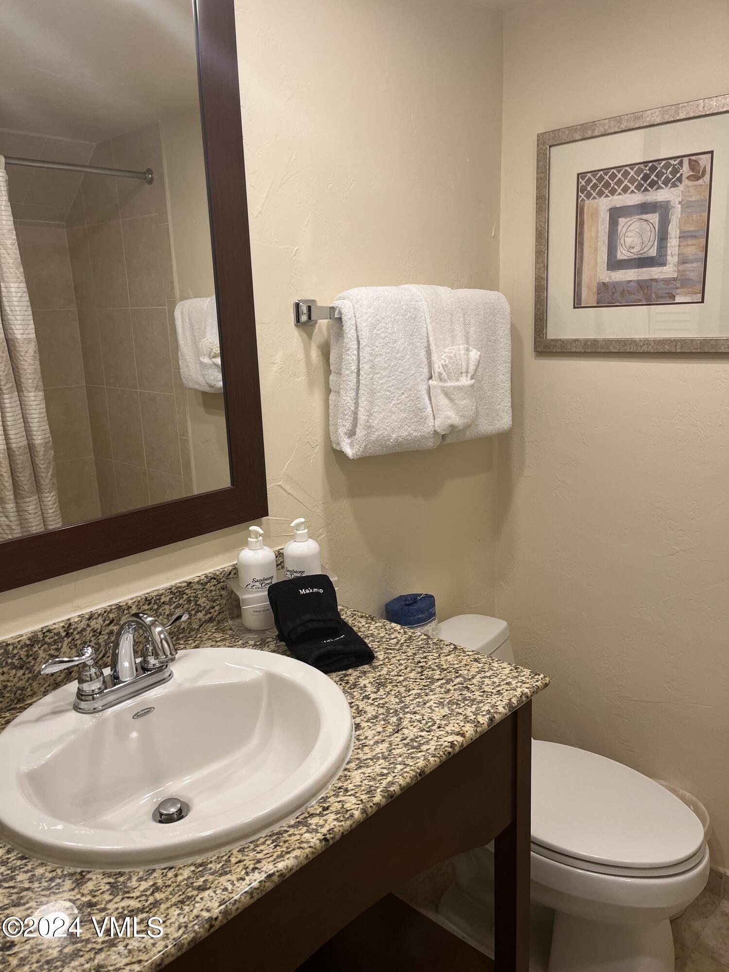 1020 Vail View Drive, Unit 340331 Vail, CO 81657 - Photo 9 of 25 a bathroom with a granite countertop sink and a mirror