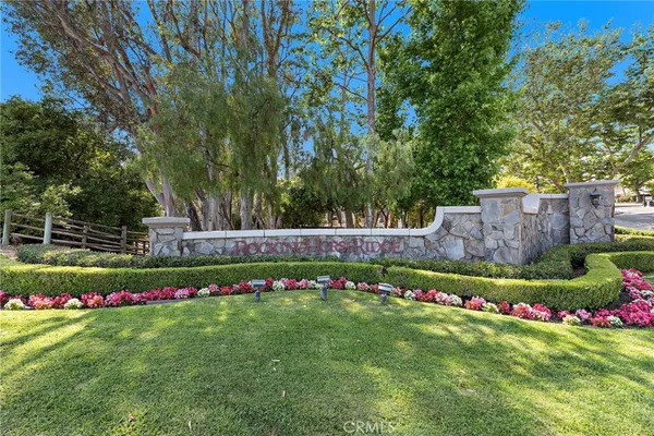 a view of a garden with flowers and trees