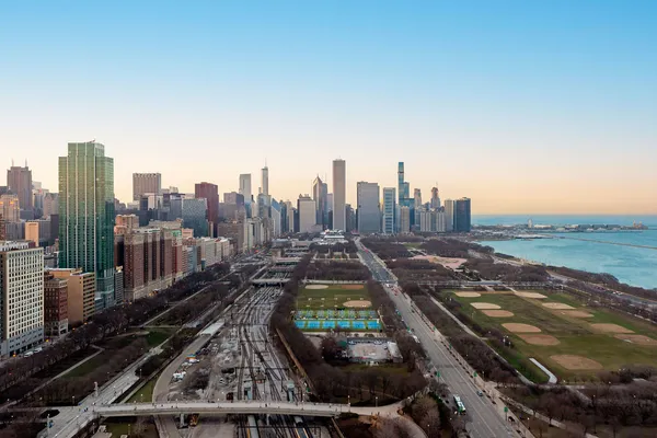 a city view with tall buildings