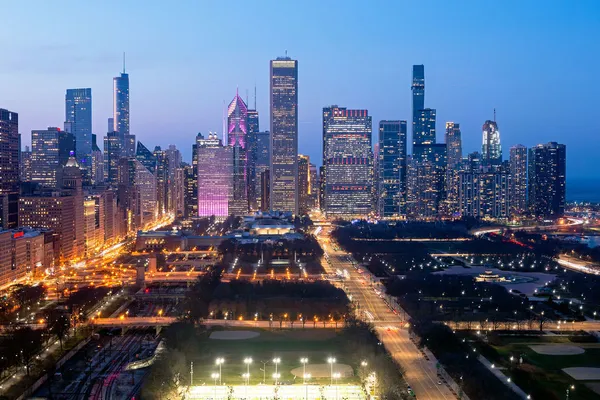 a city view with tall buildings