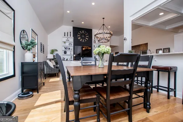 a view of a dining room with furniture