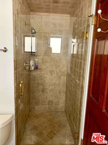a bathroom with a shower and a toilet