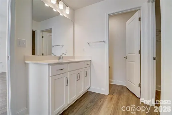 a bathroom with a sink a mirror and a shower