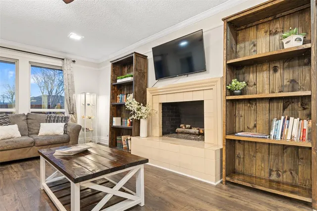 a living room with furniture a flat screen tv and a fireplace