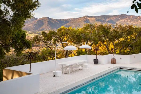 a view of a terrace with a mountain