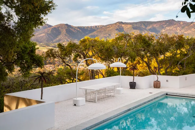 a view of a terrace with a mountain