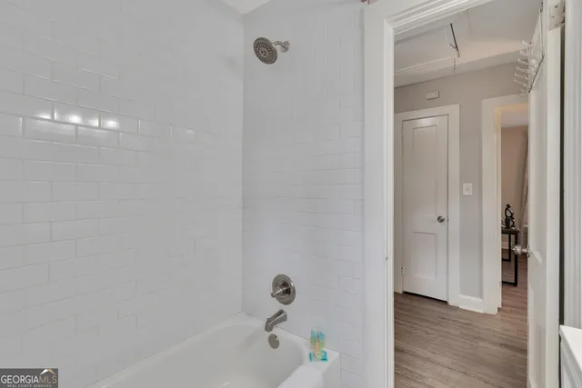 a bathroom with a bathtub
