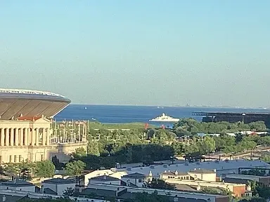 a view of a building from a patio