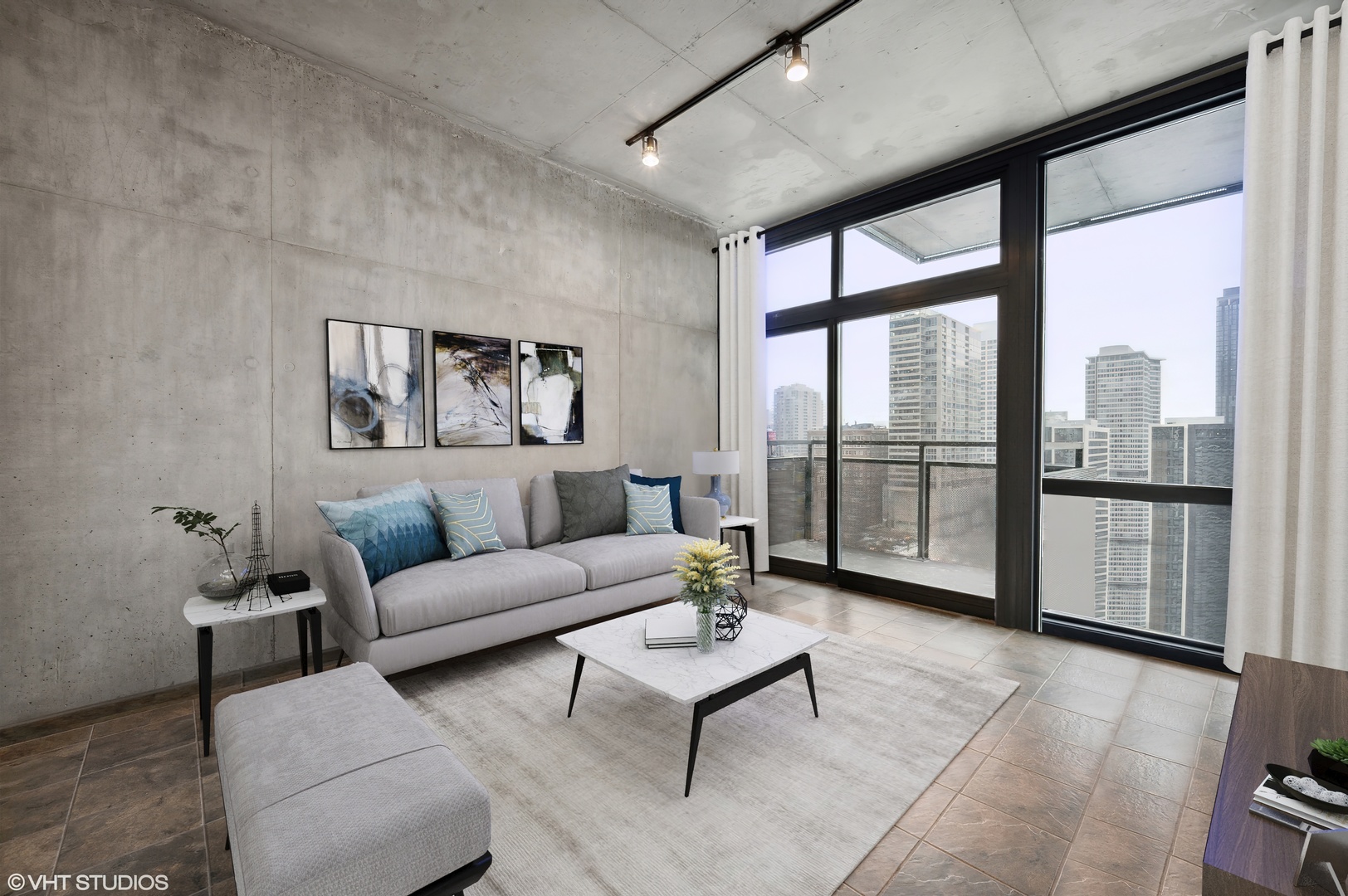 235 West Van Buren Street, Unit 1506 Chicago, IL 60607 - Photo 3 of 16 a living room with furniture and a floor to ceiling window