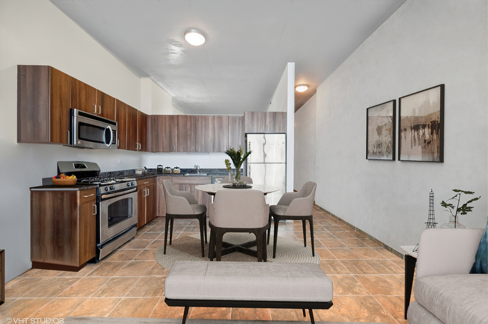 235 West Van Buren Street, Unit 1506 Chicago, IL 60607 - Photo 4 of 16 a living room with stainless steel appliances furniture a rug and a window