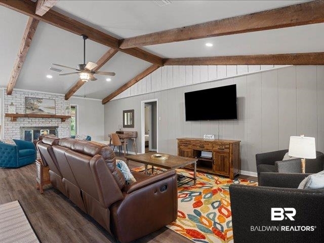 4650 Wiggins Lane Wilmer, AL 36587 - Photo 5 of 66 Living area featuring a fireplace, recessed lighting, wood finished floors, and a ceiling fan