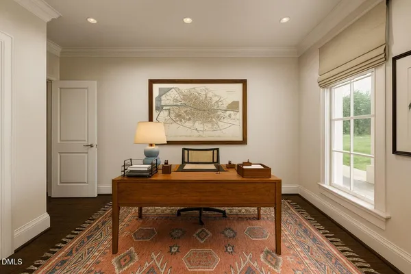 a dining room with furniture and window