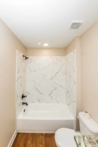 a bathroom with a toilet and a bathtub