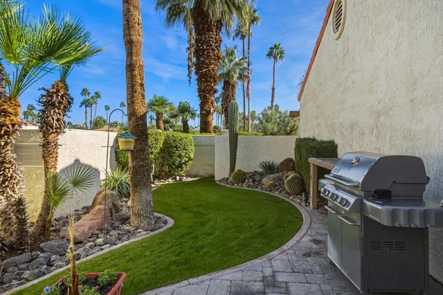 a view of a backyard with plants and a patio