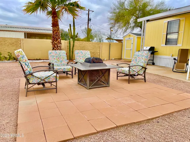 a building outdoor space with patio furniture