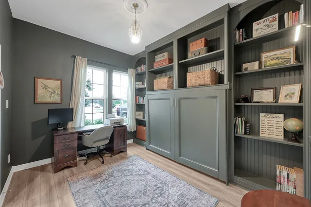 a view of a hallway with shelves