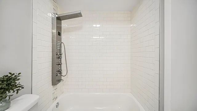 a bathroom with a bathtub and shower