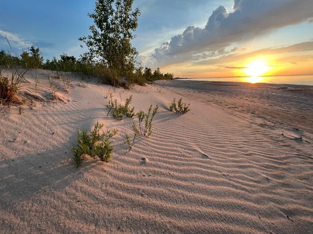 a view of a lake with beach