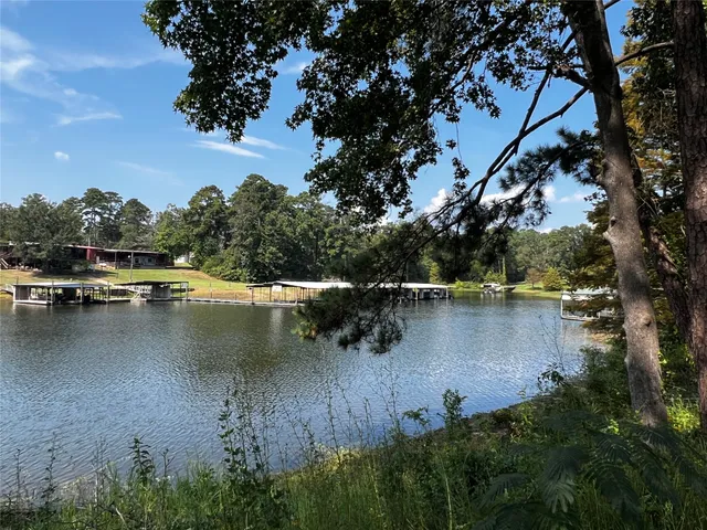 an aerial view of house with yard and lake view