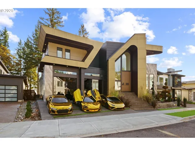 a view of a white house with large windows and a table