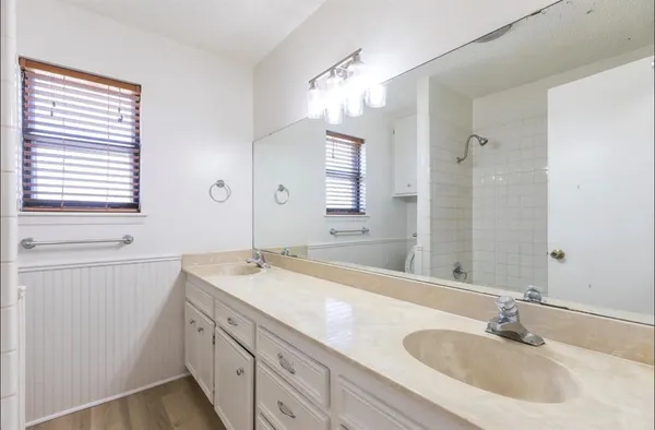 a bathroom with a sink double vanity and a mirror
