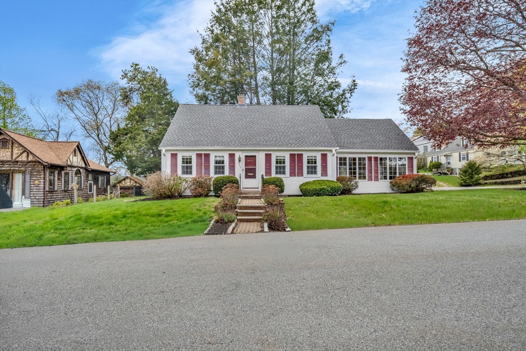 a view of house with a yard and potted plants