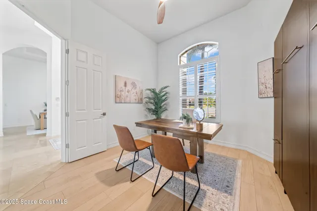 a view of a dining room with furniture