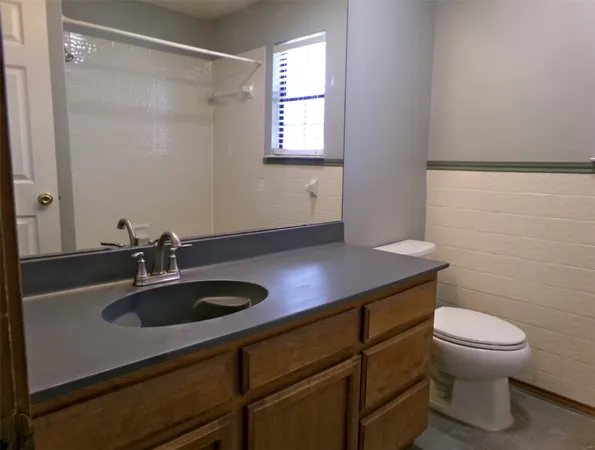 a bathroom with a sink a toilet and a mirror