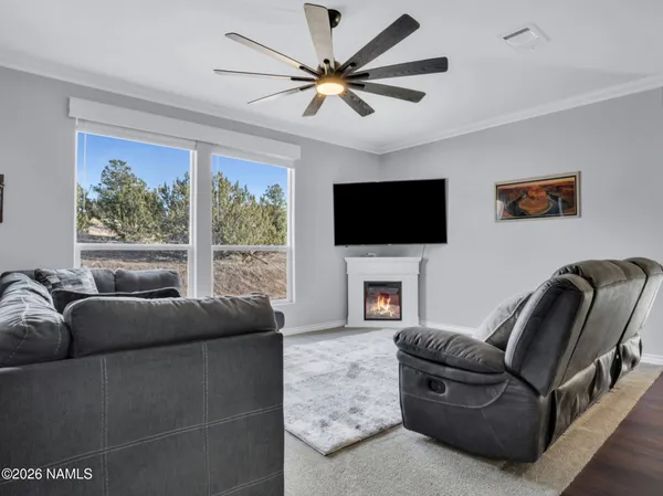 a living room with furniture a fireplace and a flat screen tv