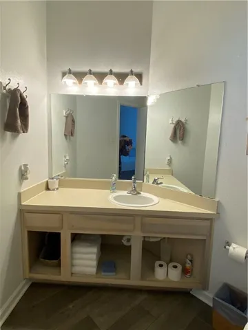 a bathroom with a sink and a mirror