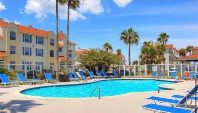 a view of a swimming pool with a lawn chairs and palm trees