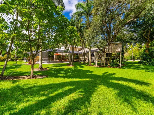 a view of a yard with a house in the background
