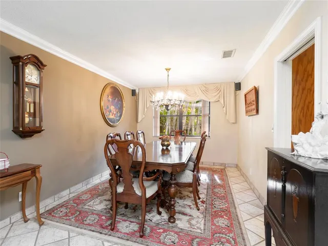 a view of a dining room with furniture and window
