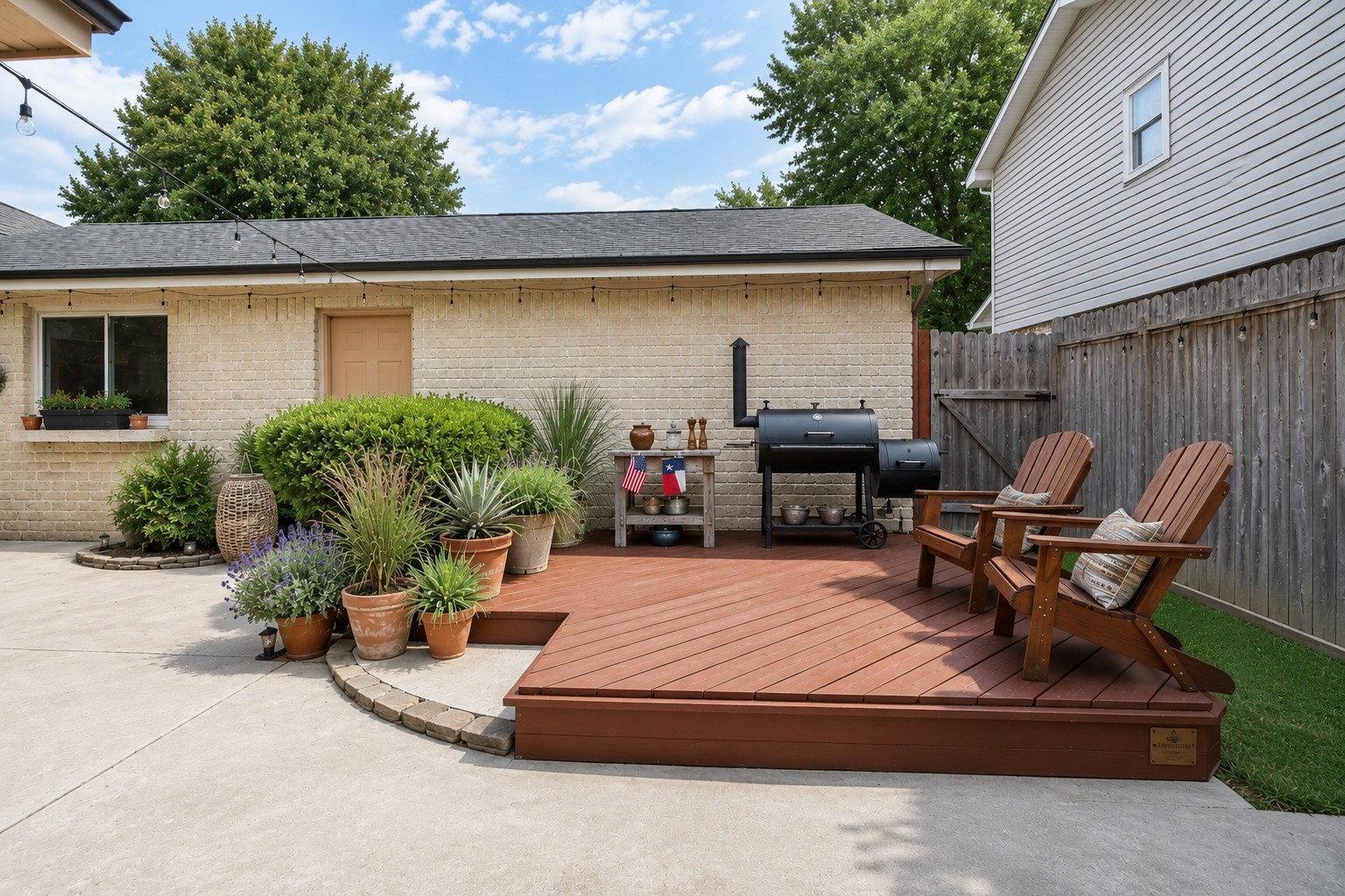 17119 Mellow Ridge Drive Spring, TX 77379 - Photo 24 of 32 This outdoor space features a cozy wooden deck with two Adirondack chairs, surrounded by lush potted plants. A grill is set up for barbecues, and the area is enclosed by a wooden fence, offering privacy and a welcoming atmosphere for relaxation and entertaining.