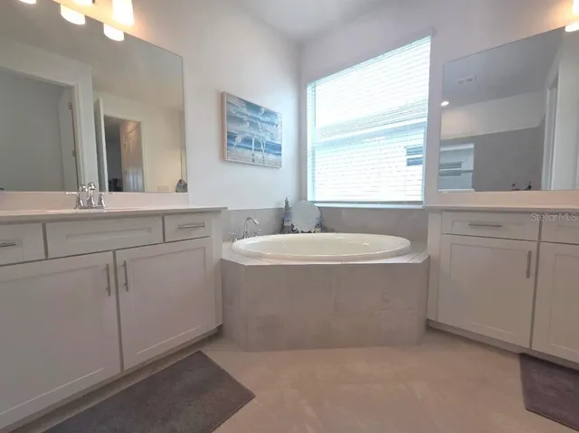 a bathroom with a tub a sink and mirror