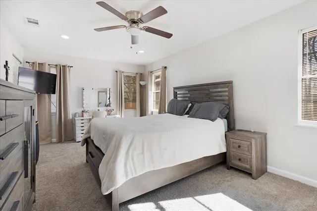 a bed room with a bed and a ceiling fan