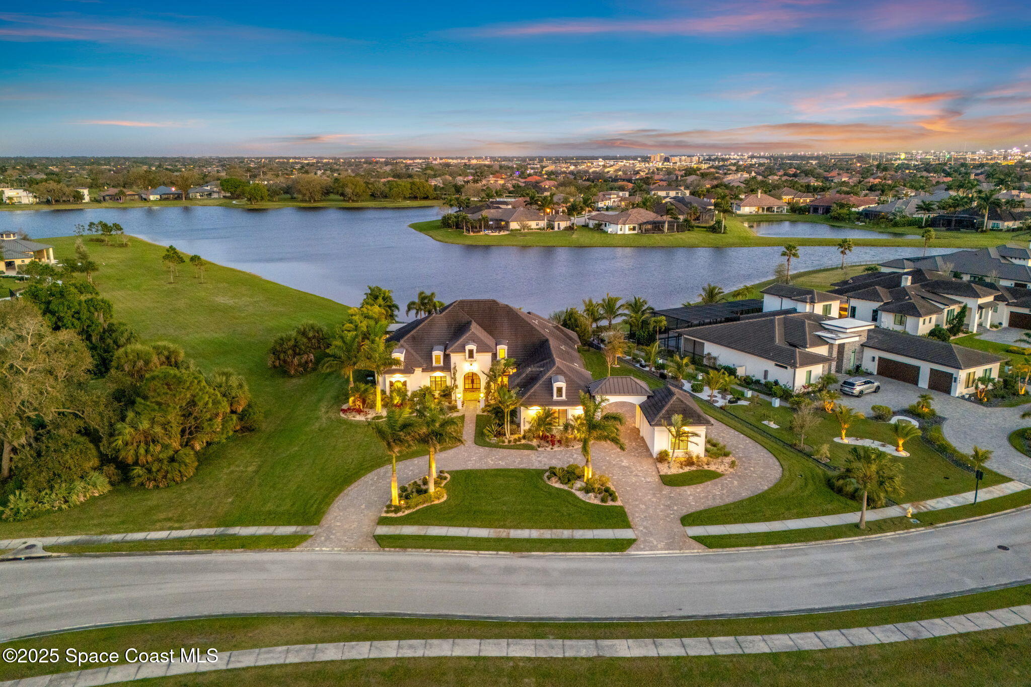 a view of a lake with a city