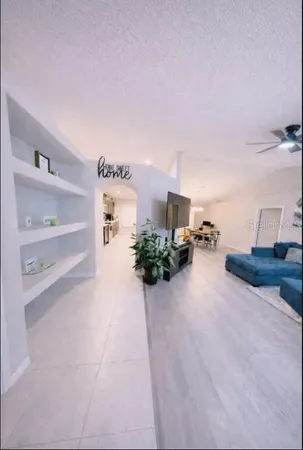 a hallway with a couch