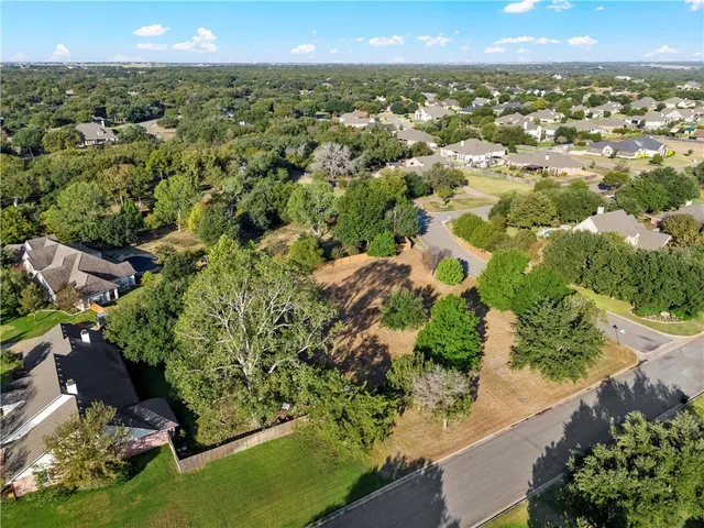 an aerial view of residential houses with outdoor space and trees