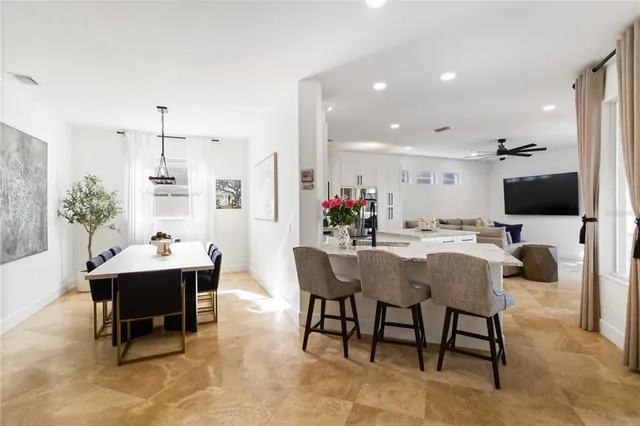 a view of a dining room with furniture