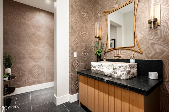 a view of a water fountain in the patio with a fountain