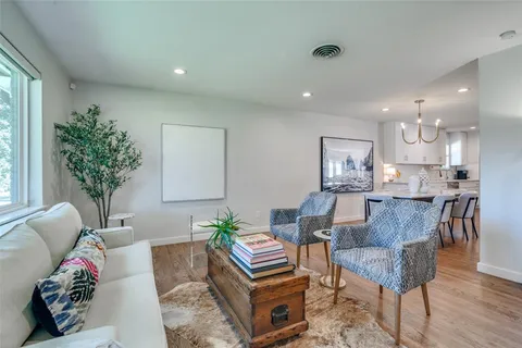 a living room with furniture and a potted plant
