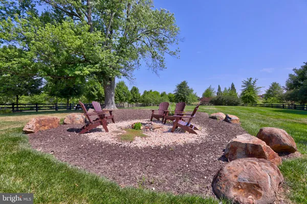 a view of a patio with dining table and chairs with a fire pit
