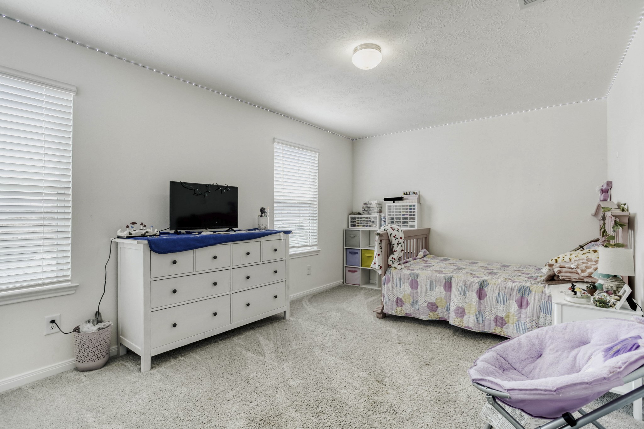 3331 Forest Chitto Dr Spring Spring, TX 77373 - Photo 21 of 29 Bedroom 2 is bright and cozy with neutral walls, carpeted flooring, ample natural light from two windows and a spacious closet for additional storage, making it ideal for a child's room.