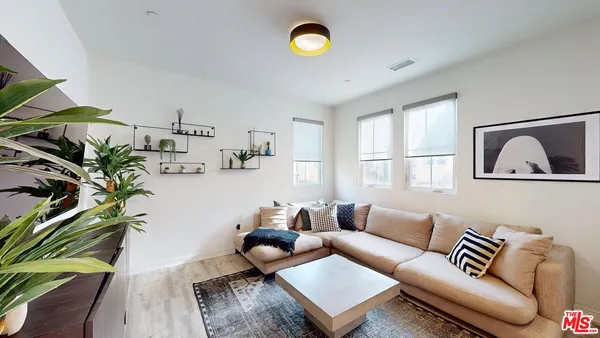 a living room with furniture and a potted plant