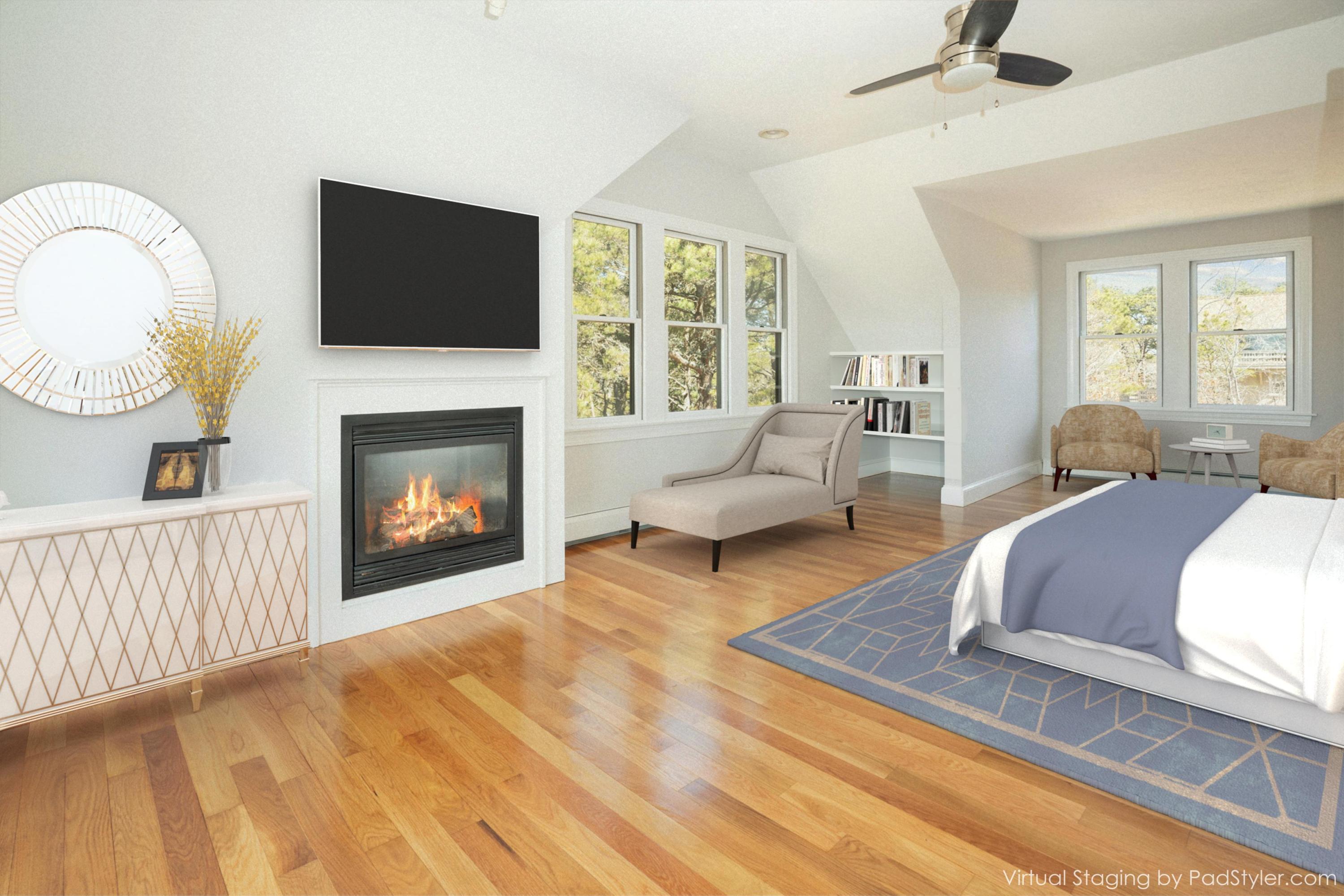 50 Major Doane Road Wellfleet, MA 02667 - Photo 40 of 91 a living room with furniture a fireplace and a flat screen tv