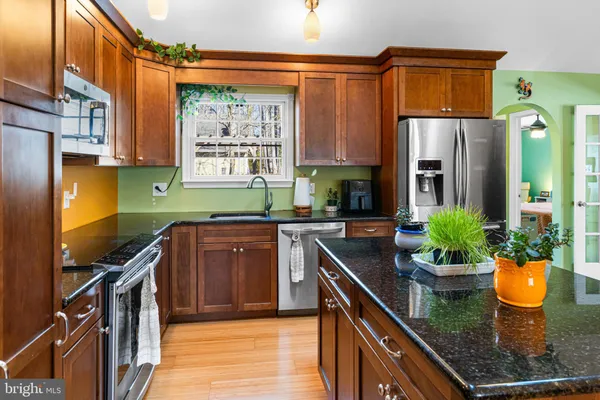 a kitchen with stainless steel appliances granite countertop a potted plant on the granite counter tops and a view of living room
