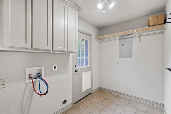 a storage room with cabinets